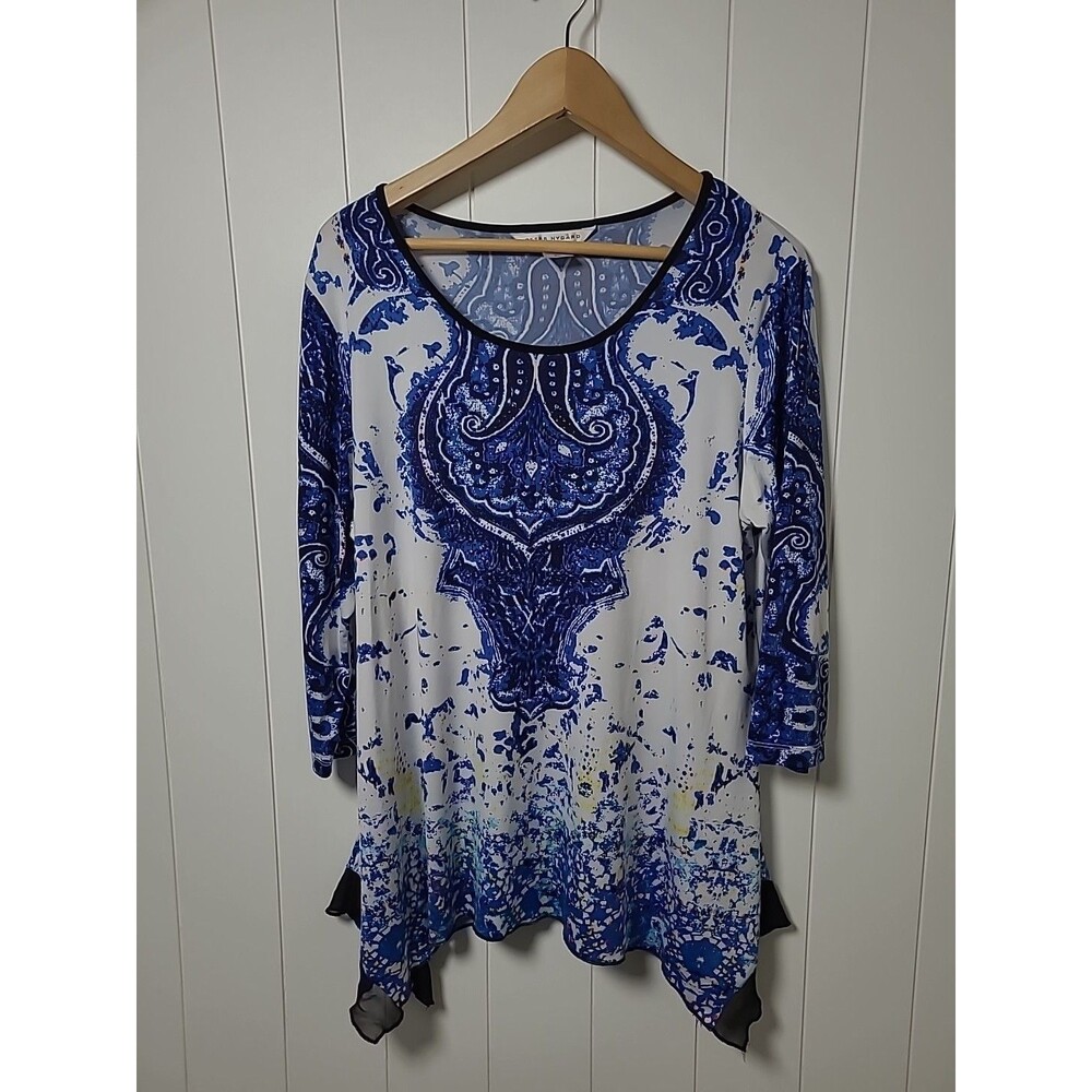 Peter Nygard Boho Abstract Artsy Top Petite Large Embellished Blue White Stretch